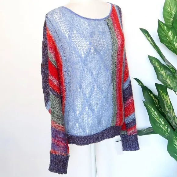 Free People Red Blue Wool Mohair Alpaca Cable Open Knit Long Sleeve Sweater XS