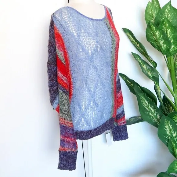Free People Red Blue Wool Mohair Alpaca Cable Open Knit Long Sleeve Sweater XS