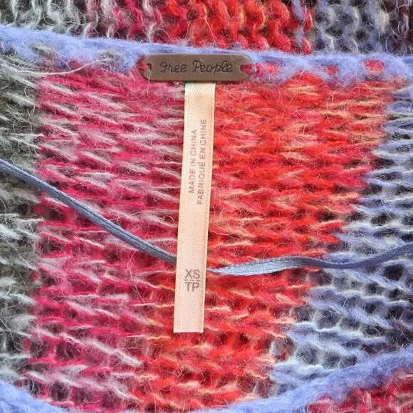 Free People Red Blue Wool Mohair Alpaca Cable Open Knit Long Sleeve Sweater XS