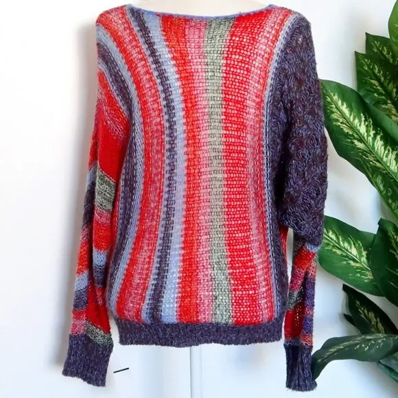 Free People Red Blue Wool Mohair Alpaca Cable Open Knit Long Sleeve Sweater XS