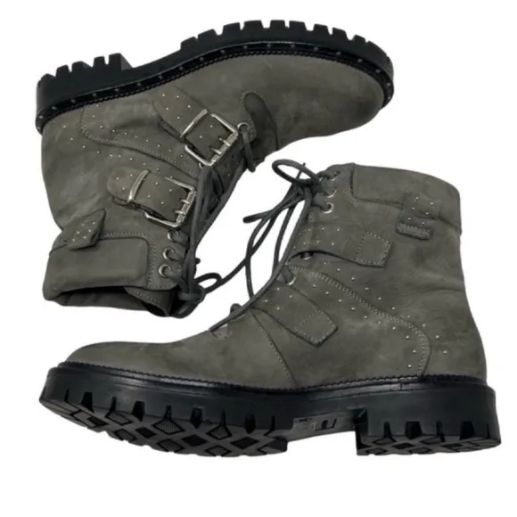 Free People Studded Mountain Brook Moto Boots Size EU 38 Burnished Gray Leather