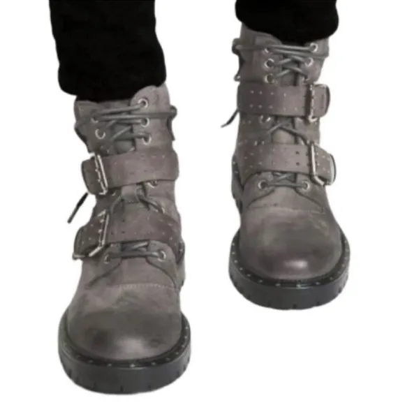 Free People Studded Mountain Brook Moto Boots Size EU 38 Burnished Gray Leather