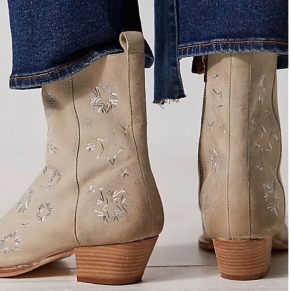 Free People Bowers Embroidered Ankle Boots in Taupe Celestial Suede