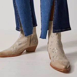 Free People Bowers Embroidered Ankle Boots in Taupe Celestial Suede