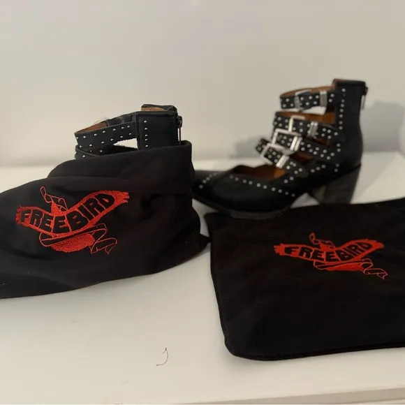 Freebird Black Ankle Boots with Straps and Studs