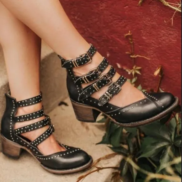 Freebird Black Ankle Boots with Straps and Studs