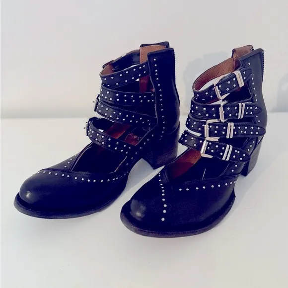 Freebird Black Ankle Boots with Straps and Studs