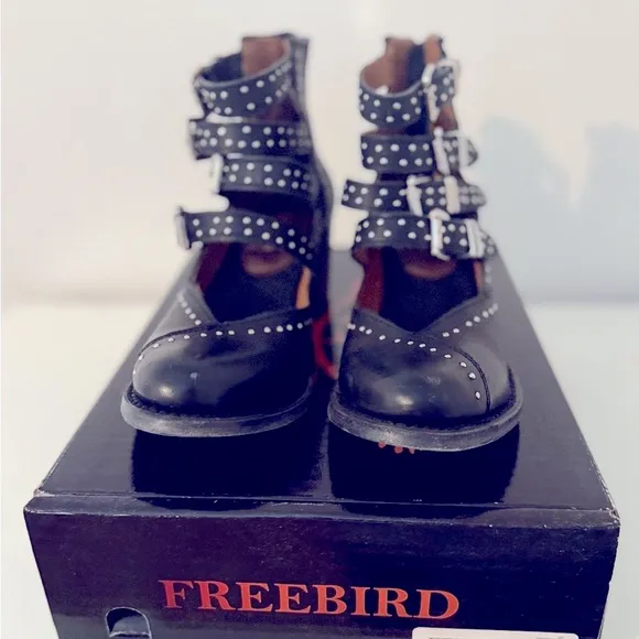 Freebird Black Ankle Boots with Straps and Studs