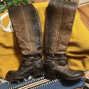 FREEBIRD BY STEVEN Aspen Chain Brown Leather Tall Knee High Cowgirl Boots Sz:6