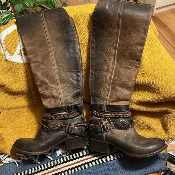 FREEBIRD BY STEVEN Aspen Chain Brown Leather Tall Knee High Cowgirl Boots Sz:6