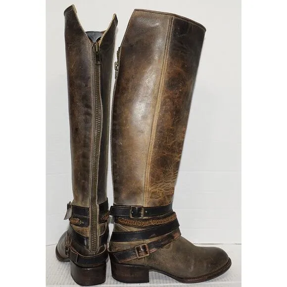 FREEBIRD BY STEVEN Aspen Chain Brown Leather Tall Knee High Cowgirl Boots Sz:6