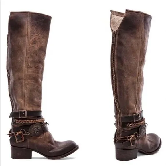 FREEBIRD BY STEVEN Aspen Chain Brown Leather Tall Knee High Cowgirl Boots Sz:6
