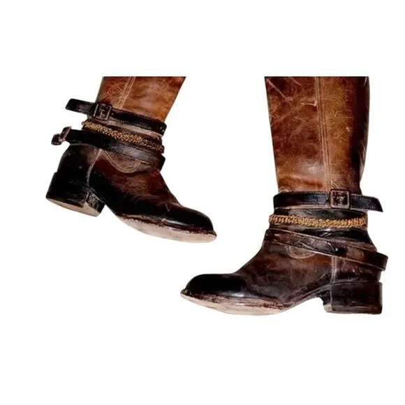 FREEBIRD BY STEVEN Aspen Chain Brown Leather Tall Knee High Cowgirl Boots Sz:6