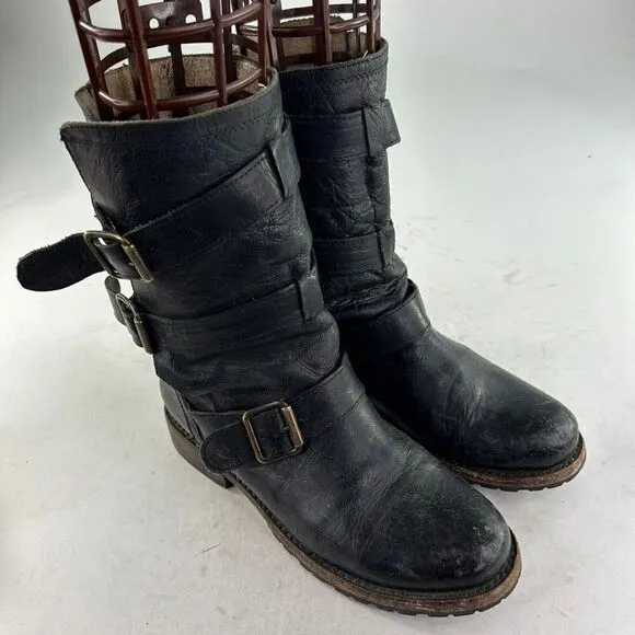 Freebird By Steven Tread 3 Strap Buckle Boots US 7 Black Motorcycle BIKER Boot