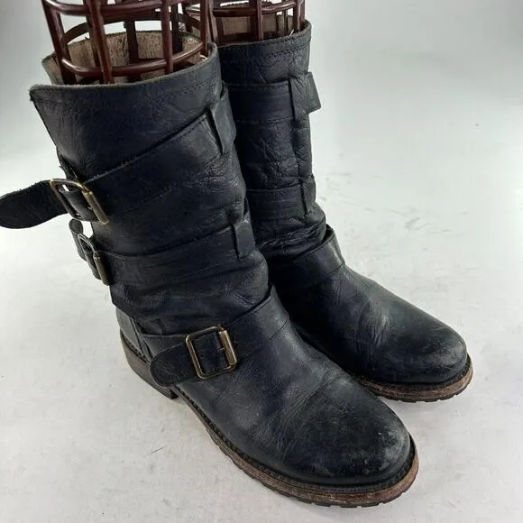 Freebird By Steven Tread 3 Strap Buckle Boots US 7 Black Motorcycle BIKER Boot