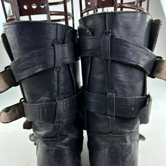 Freebird By Steven Tread 3 Strap Buckle Boots US 7 Black Motorcycle BIKER Boot