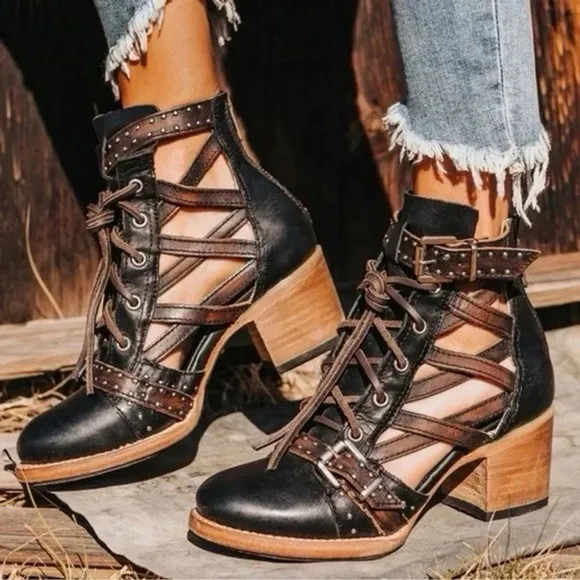 Freebird Cheyenne Multi Strap Lace-Up Leather Bootie Sandals Sz 9 Festival