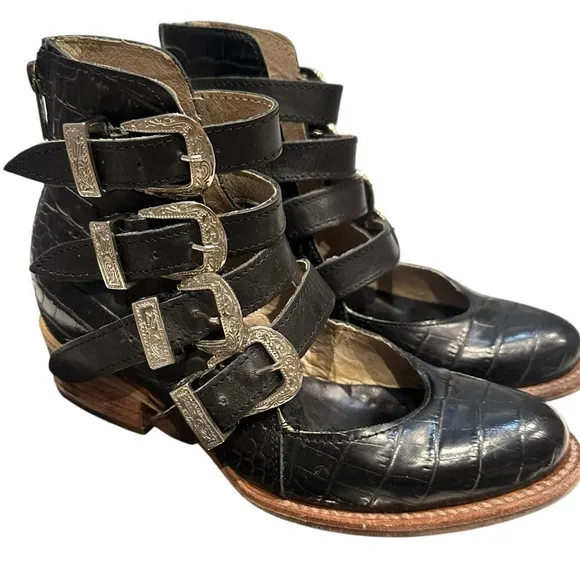 Freebird Rare Scarlett Black Croco Shoes Booties Leather Western 6 with Box