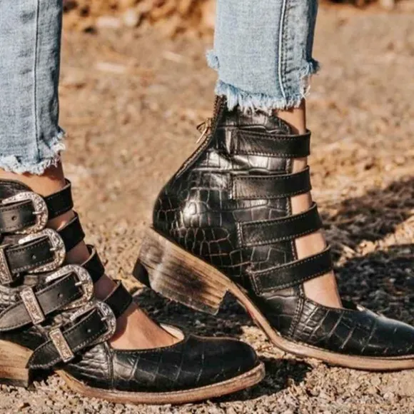 Freebird Rare Scarlett Black Croco Shoes Booties Leather Western 6 with Box