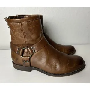 Frye 3476504 Phillip Women's Cognac Leather Harness Motorcycle Boots Size 8 B