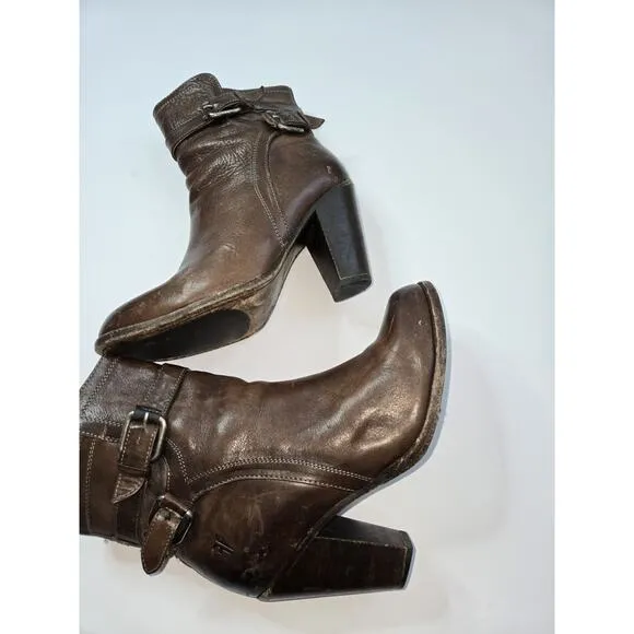 Frye 8 B Woman's 4015 Boots Brown Leather 3&quot; Stacked Heels Ankle
