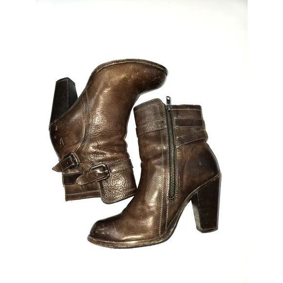 Frye 8 B Woman's 4015 Boots Brown Leather 3&quot; Stacked Heels Ankle
