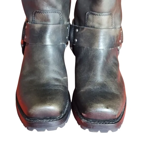 Frye Black Distressed Leather Biker Moto Western Harness  Boots