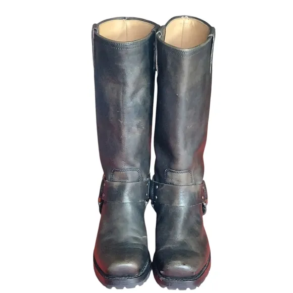Frye Black Distressed Leather Biker Moto Western Harness  Boots