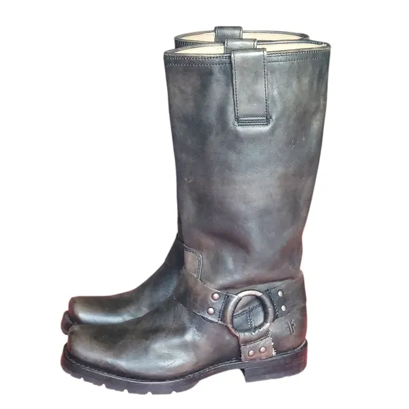 Frye Black Distressed Leather Biker Moto Western Harness  Boots