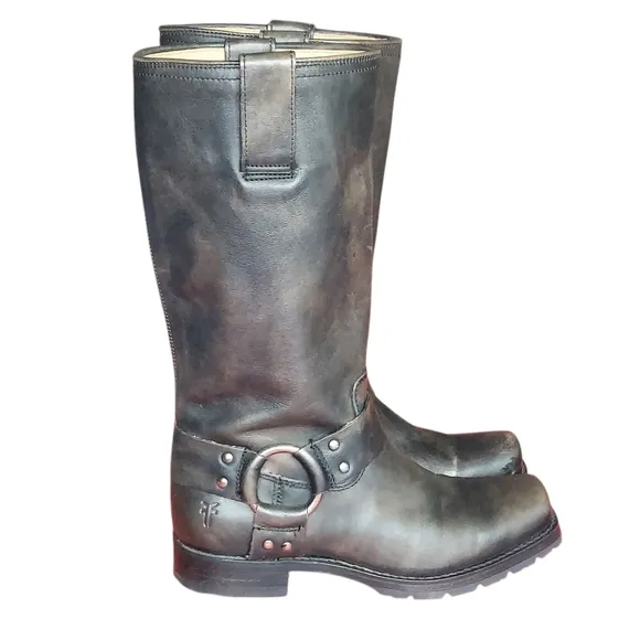 Frye Black Distressed Leather Biker Moto Western Harness  Boots