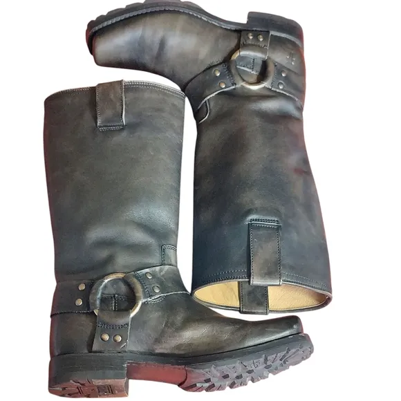 Frye Black Distressed Leather Biker Moto Western Harness  Boots