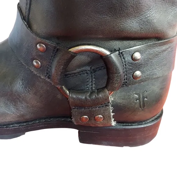 Frye Black Distressed Leather Biker Moto Western Harness  Boots