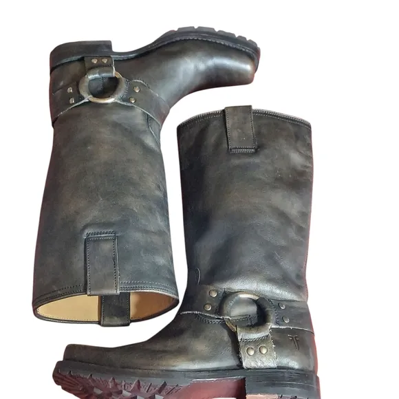 Frye Black Distressed Leather Biker Moto Western Harness  Boots