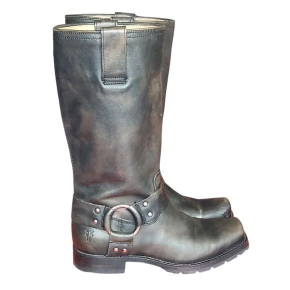 Frye Black Distressed Leather Biker Moto Western Harness  Boots