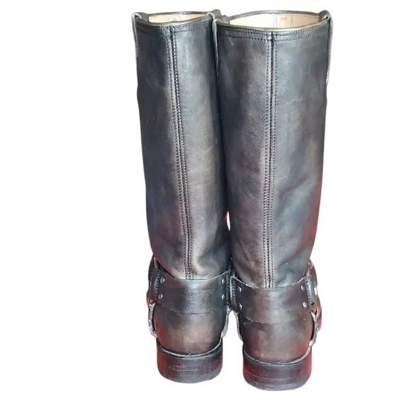 Frye Black Distressed Leather Biker Moto Western Harness  Boots
