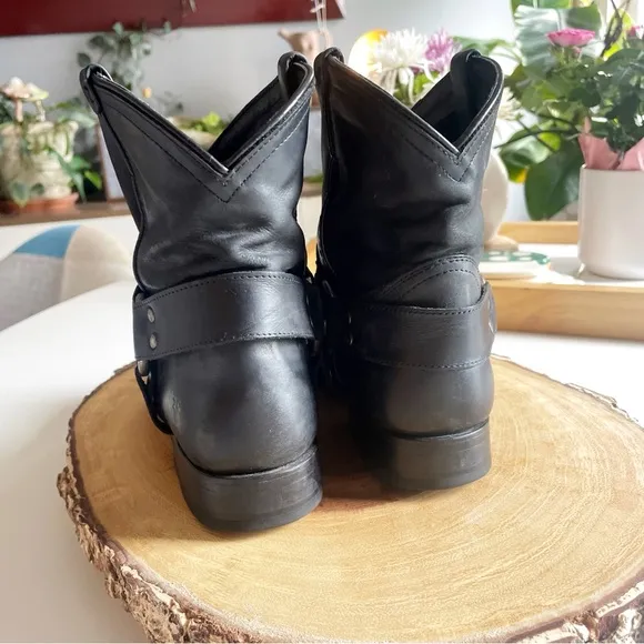 Frye Black Leather Ankle Harness Boots | Size 8