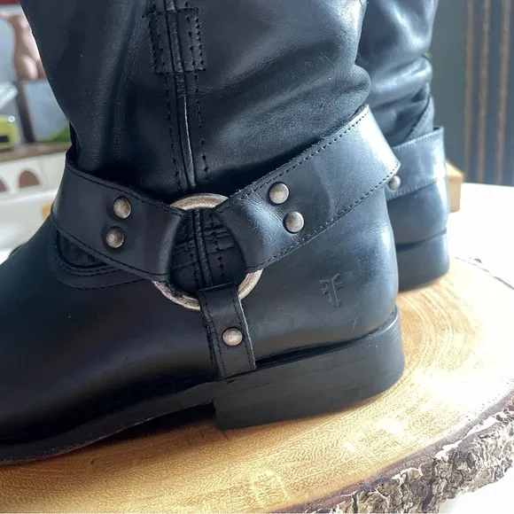 Frye Black Leather Ankle Harness Boots | Size 8