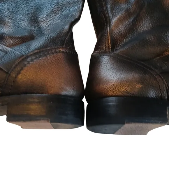 Frye Boots Italian Leather Antiqued Metallic Hardware Rounded Toe Rubber Soles