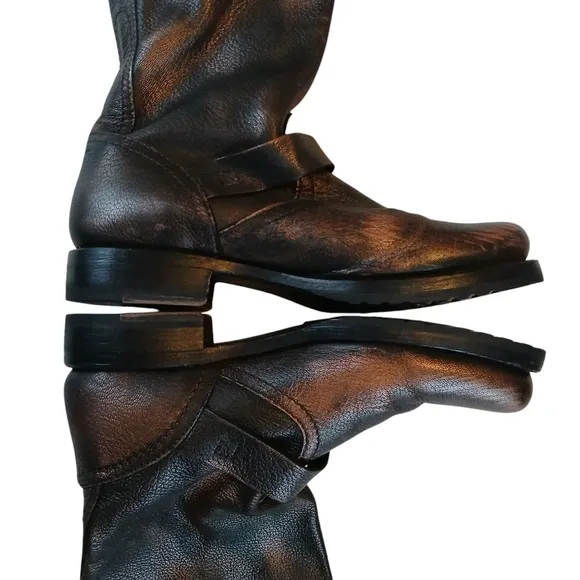 Frye Boots Italian Leather Antiqued Metallic Hardware Rounded Toe Rubber Soles