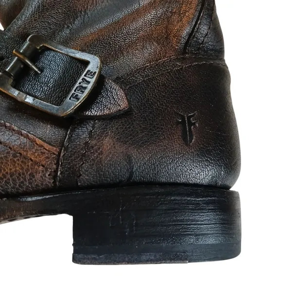 Frye Boots Italian Leather Antiqued Metallic Hardware Rounded Toe Rubber Soles