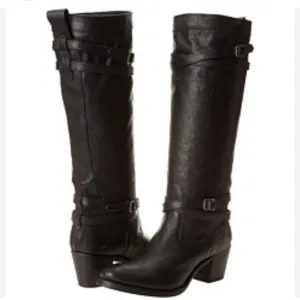 Frye Jane strappy black Heeled Boots with Decorative Buckles