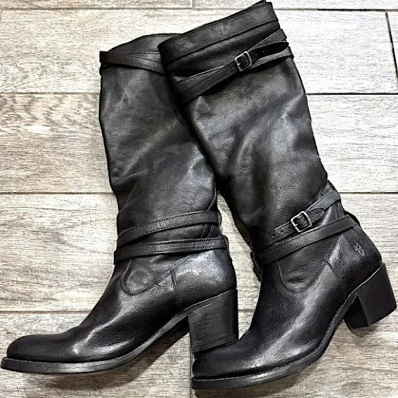 Frye Jane strappy black Heeled Boots with Decorative Buckles
