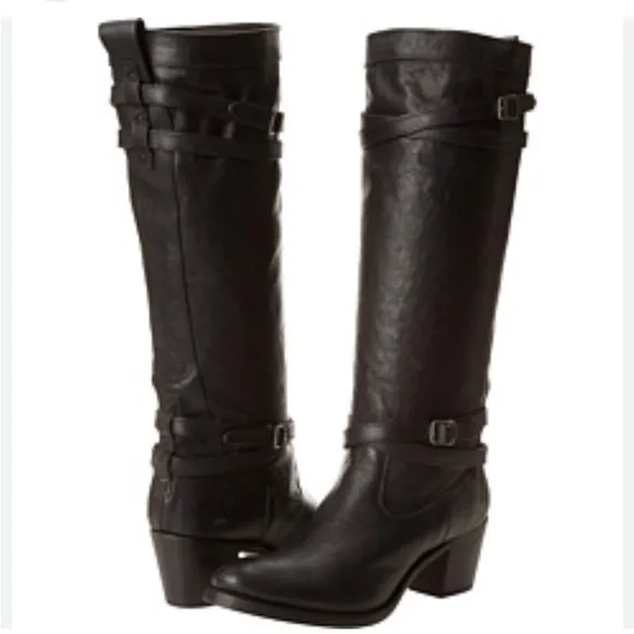 Frye Jane strappy black Heeled Boots with Decorative Buckles
