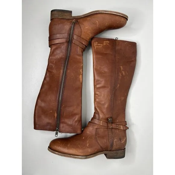 Frye Melissa Belted Tall Riding Brown Cognac Boots Size 6