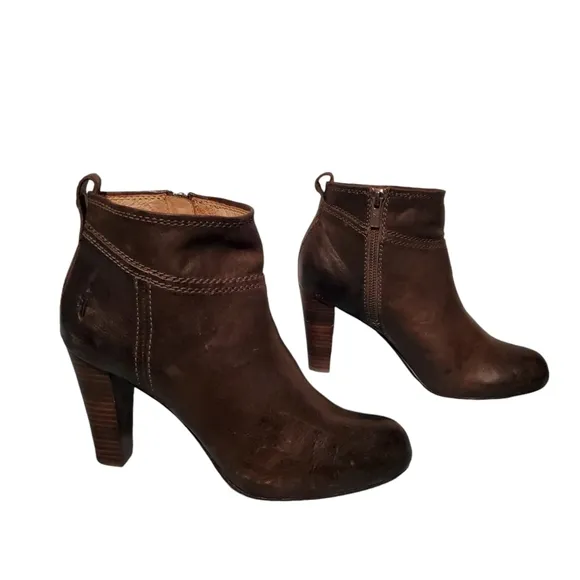 Frye Miranda Brown Leather Ankle Zip Heeled Boots Women's Size 8M