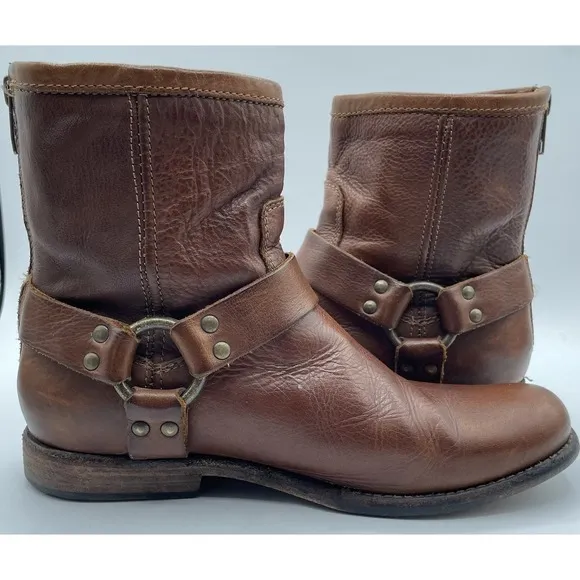 Frye Phillip Harness Short Brown Leather Motorcycle Rear Zip Boots Womens 7.5 B