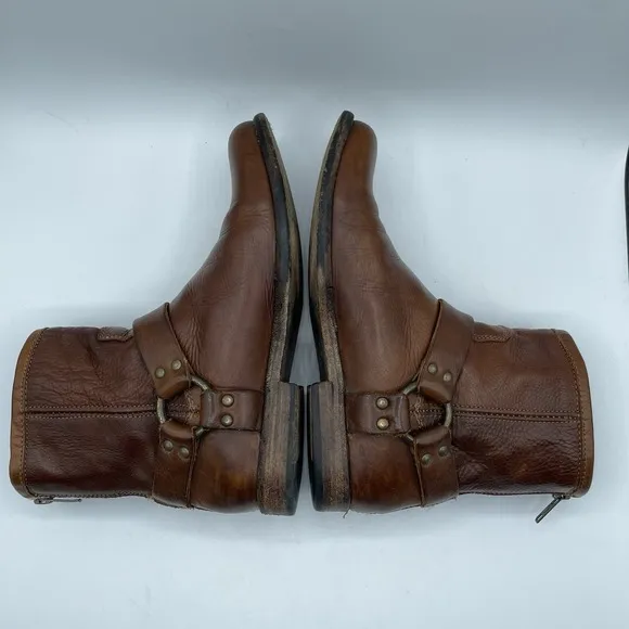Frye Phillip Harness Short Brown Leather Motorcycle Rear Zip Boots Womens 7.5 B