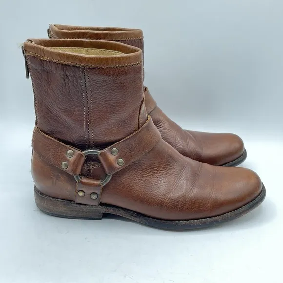 Frye Phillip Harness Short Brown Leather Motorcycle Rear Zip Boots Womens 7.5 B