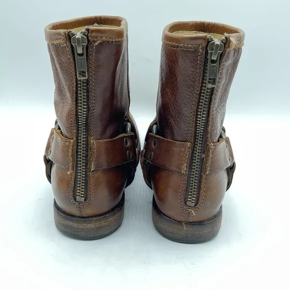 Frye Phillip Harness Short Brown Leather Motorcycle Rear Zip Boots Womens 7.5 B