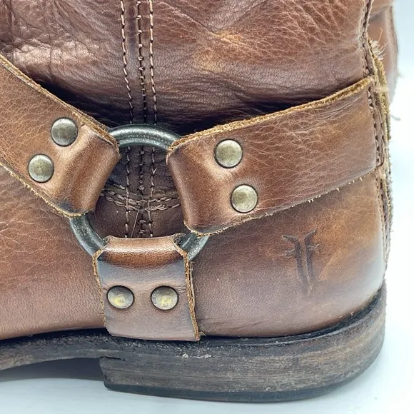 Frye Phillip Harness Short Brown Leather Motorcycle Rear Zip Boots Womens 7.5 B